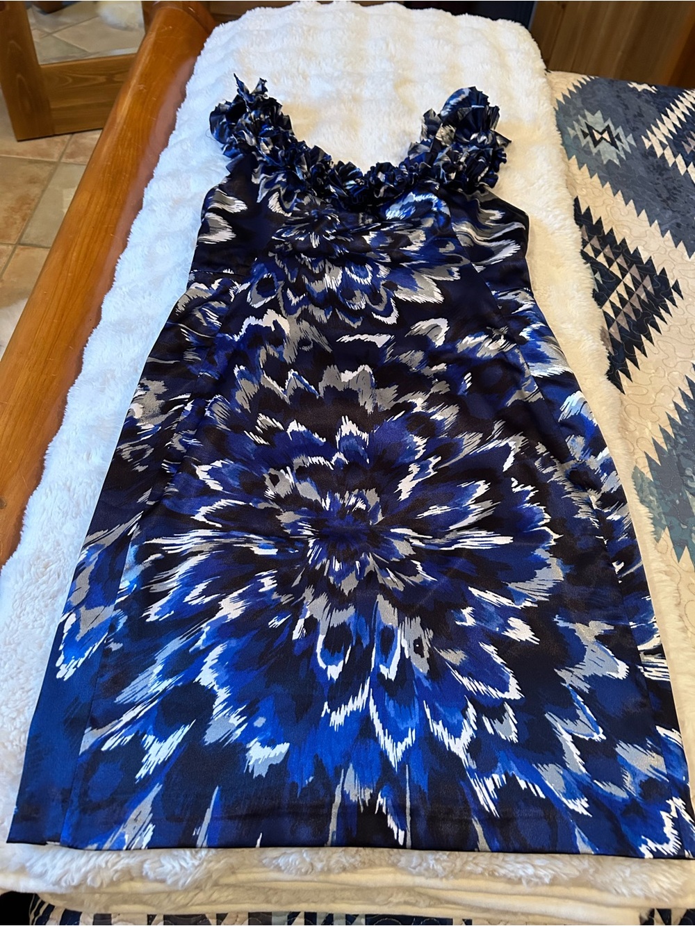 Maggy London Blue and White Floral Ruffle Strap Dress